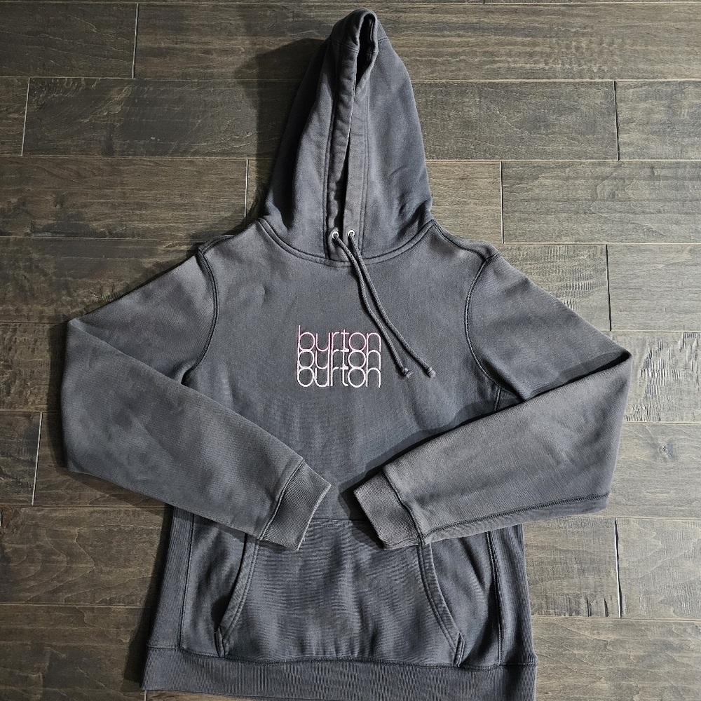 Vintage Women's Gray Burton Hoodie with Pink Embroidered Burton Sz Large